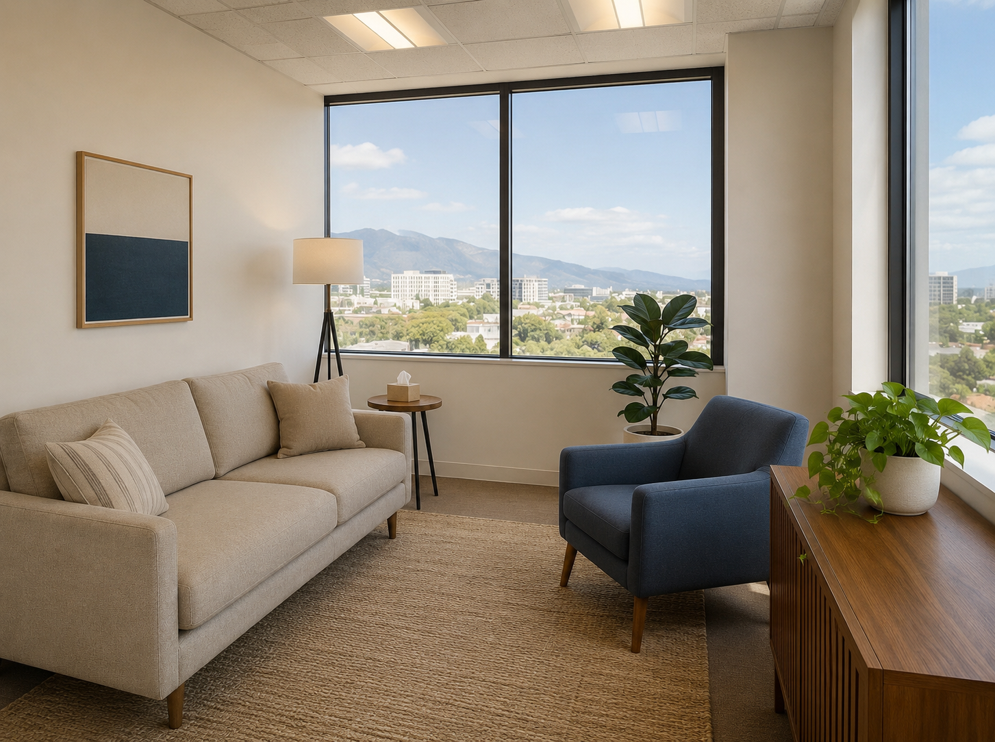 Private therapy suite interior — warm furnishings, natural light